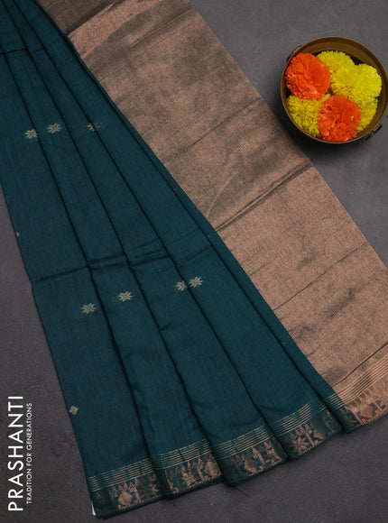 Bengal soft cotton saree teal green with allover thread woven buttas and copper zari woven border