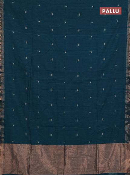 Bengal soft cotton saree teal green with allover thread woven buttas and copper zari woven border