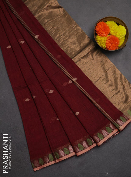 Bengal soft cotton saree maroon with allover thread woven buttas and thread & zari woven border