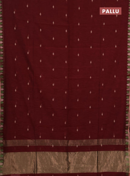 Bengal soft cotton saree maroon with allover thread woven buttas and thread & zari woven border