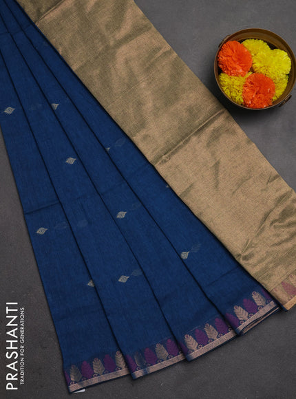 Bengal soft cotton saree cs blue with allover thread woven buttas and thread & zari woven border