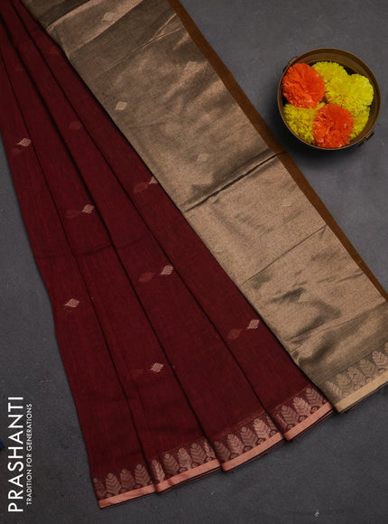 Bengal soft cotton saree maroon and dark mustard with allover thread woven buttas and thread & zari woven border
