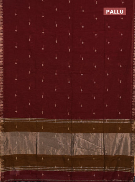 Bengal soft cotton saree maroon and dark mustard with allover thread woven buttas and thread & zari woven border