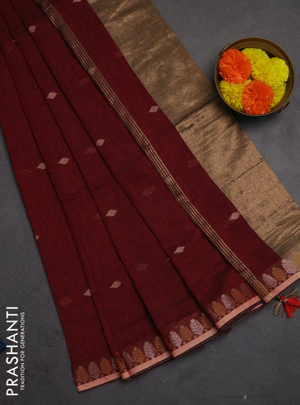 Bengal soft cotton saree maroon with allover thread woven buttas and thread & zari woven border
