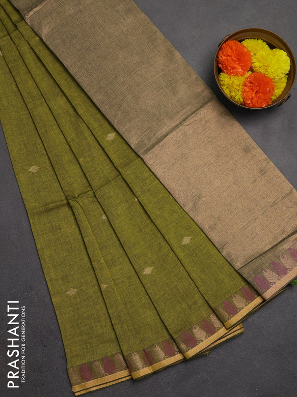 Bengal soft cotton saree light green with allover thread woven buttas and thread & zari woven border