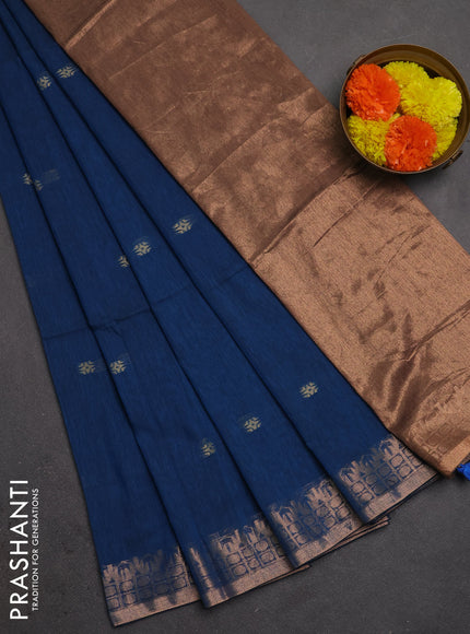 Bengal soft cotton saree cs blue with allover thread woven buttas and temple design zari woven border