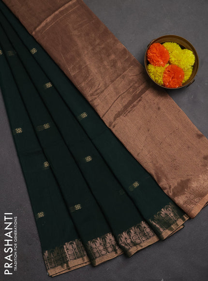 Bengal soft cotton saree bottle green with allover thread woven buttas and temple design zari woven border