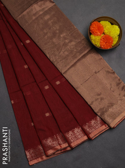 Bengal soft cotton saree maroon with allover thread woven buttas and temple design zari woven border