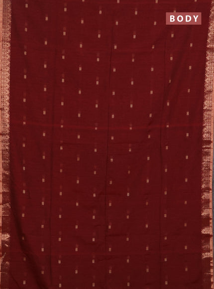 Bengal soft cotton saree maroon with allover thread woven buttas and temple design zari woven border