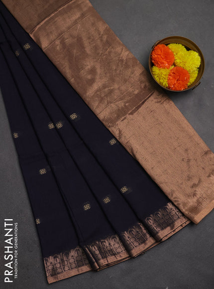 Bengal soft cotton saree navy blue with allover thread woven buttas and temple design zari woven border