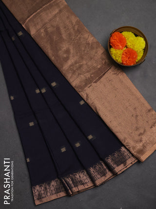 Bengal soft cotton saree navy blue with allover thread woven buttas and temple design zari woven border