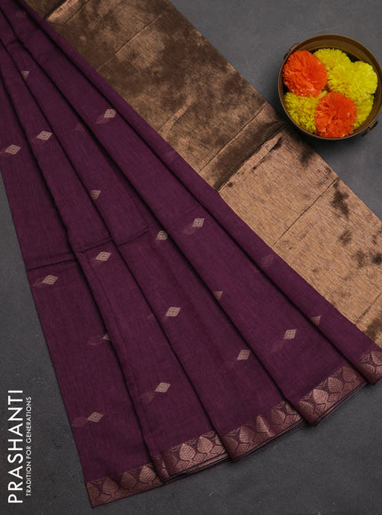 Bengal soft cotton saree onion pink with allover thread woven buttas and copper zari wove border