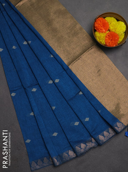 Bengal soft cotton saree cs blue with allover thread woven buttas and copper zari wove border