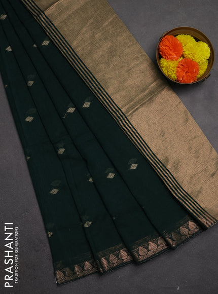 Bengal soft cotton saree bottel green with allover thread woven buttas and copper zari wove border