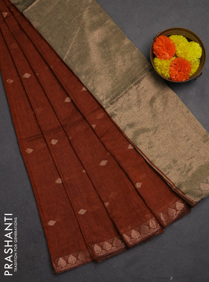 Bengal soft cotton saree rust shade with allover thread woven buttas and copper zari wove border