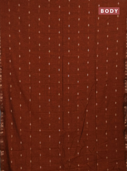 Bengal soft cotton saree rust shade with allover thread woven buttas and copper zari wove border