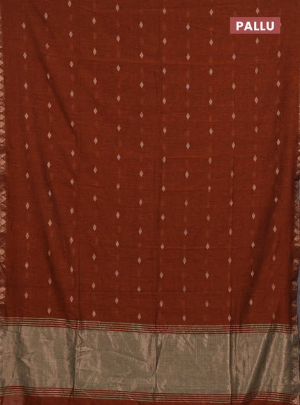 Bengal soft cotton saree rust shade with allover thread woven buttas and copper zari wove border