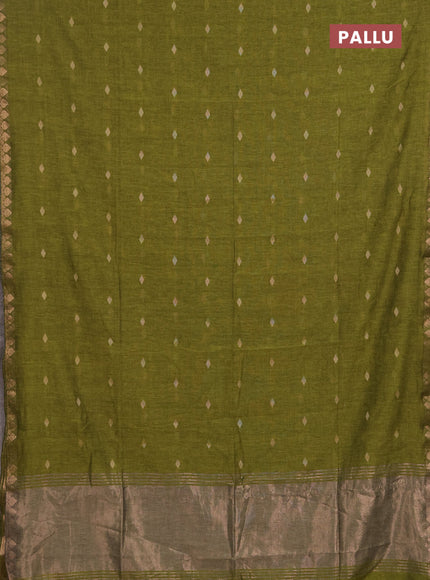 Bengal soft cotton saree light green with allover thread woven buttas and copper zari wove border