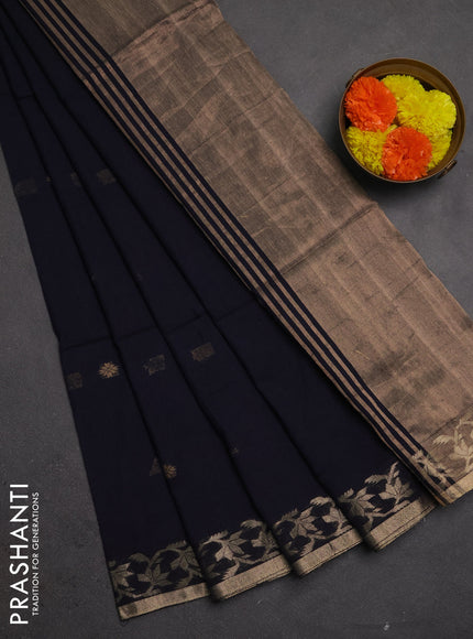 Bengal soft cotton saree navy blue with allover thread woven buttas and zari woven border
