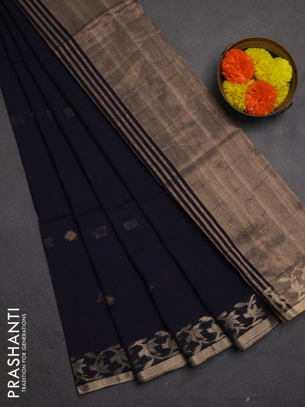 Bengal soft cotton saree navy blue with allover thread woven buttas and zari woven border