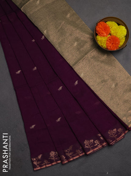 Bengal soft cotton saree purple with allover thread woven buttas and copper zari woven border