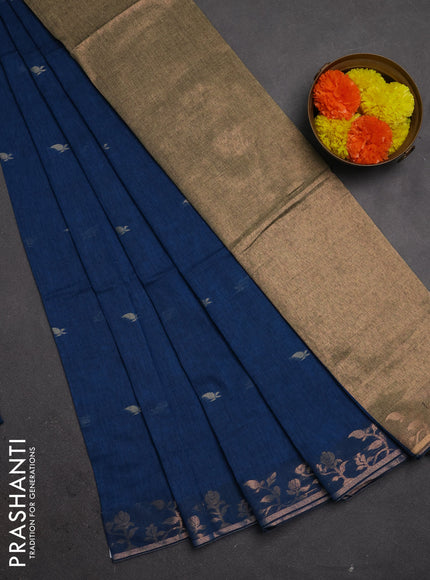 Bengal soft cotton saree cs blue with allover thread woven buttas and copper zari woven border