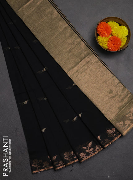 Bengal soft cotton saree black with allover thread woven buttas and copper zari woven border