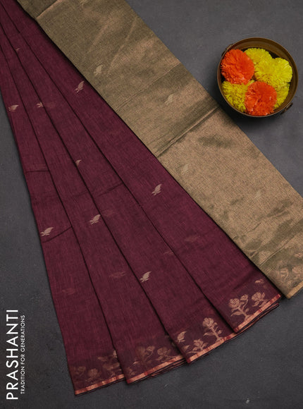 Bengal soft cotton saree mauve pink with allover thread woven buttas and copper zari woven border