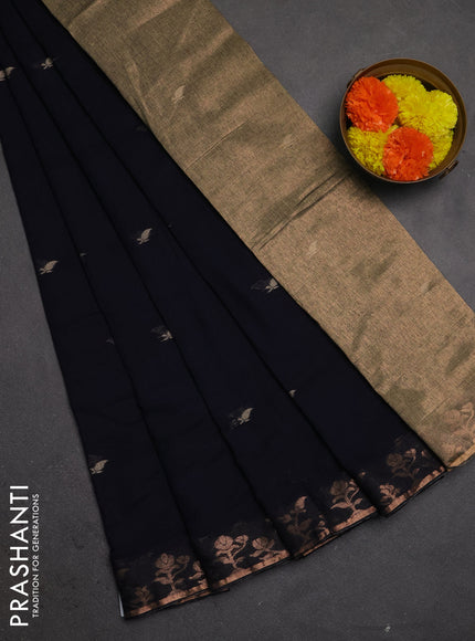 Bengal soft cotton saree navy blue with allover thread woven buttas and copper zari woven border