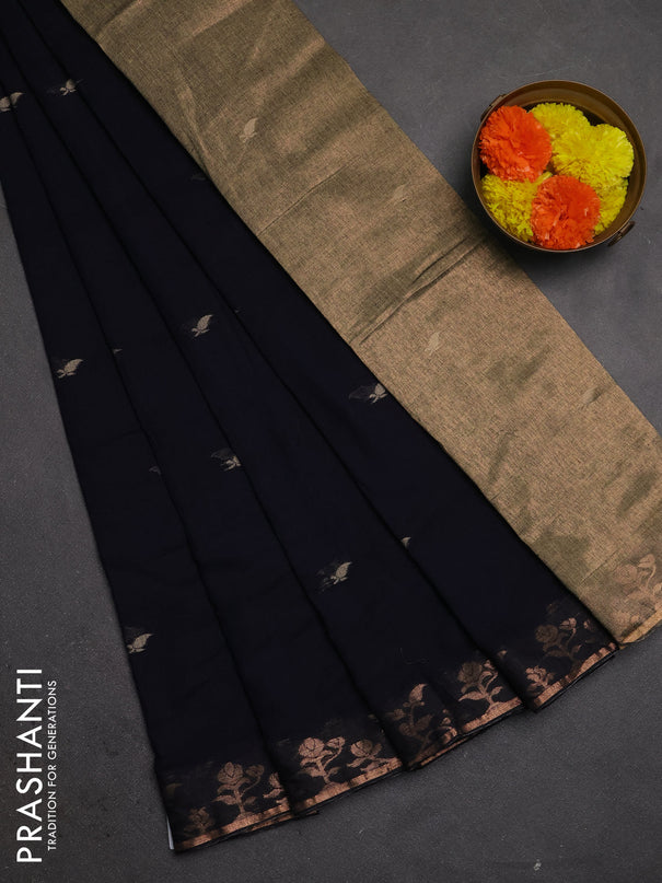 Bengal soft cotton saree navy blue with allover thread woven buttas and copper zari woven border