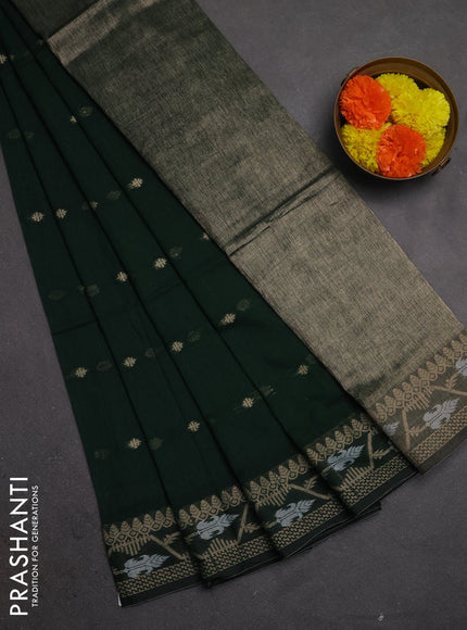 Bengal soft cotton saree bottle green with allover thread woven buttas and thread woven border