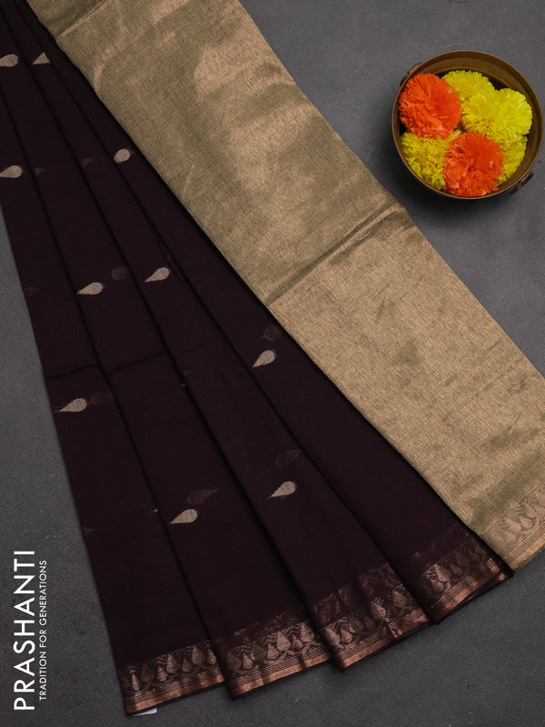 Bengal soft cotton saree deep wine with allover thread woven buttas and copper zari woven border