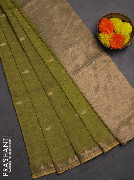 Bengal soft cotton saree light green with allover thread woven buttas and copper zari woven border