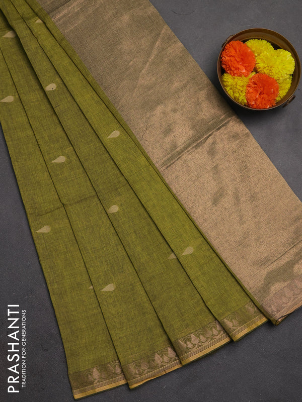 Bengal soft cotton saree light green with allover thread woven buttas and copper zari woven border