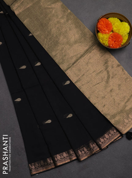 Bengal soft cotton saree black with allover thread woven buttas and copper zari woven border