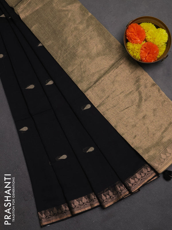 Bengal soft cotton saree black with allover thread woven buttas and copper zari woven border