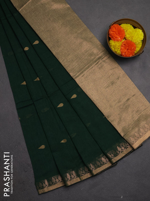 Bengal soft cotton saree bottel green with allover thread woven buttas and zari woven border
