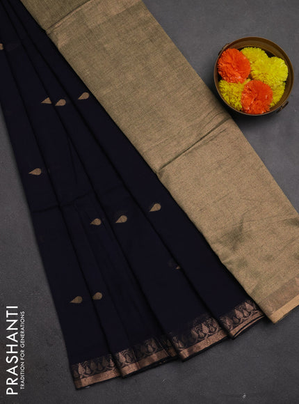Bengal soft cotton saree navy blue with allover thread woven buttas and zari woven border