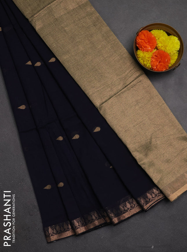 Bengal soft cotton saree navy blue with allover thread woven buttas and zari woven border