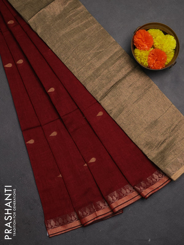 Bengal soft cotton saree maroon with allover thread woven buttas and zari woven border