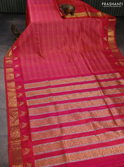 Venkatagiri silk saree dual shade of pinkish orange and pink with allover zari weaves pattern and zari woven butta border