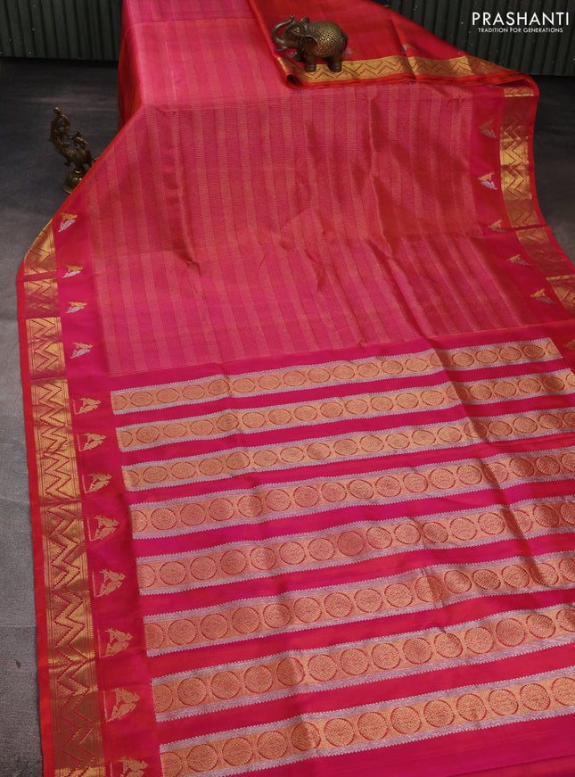 Venkatagiri silk saree dual shade of pinkish orange and pink with allover zari weaves pattern and zari woven butta border
