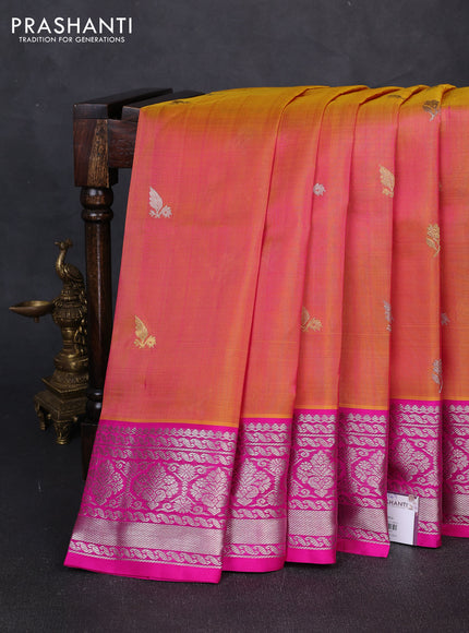 Venkatagiri silk saree dual shade of pinkish orange and pink with allover silver & zari woven buttas and silver zari woven border