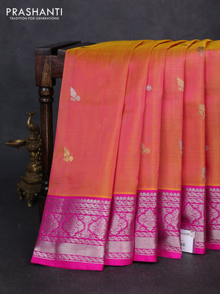 Venkatagiri silk saree dual shade of pinkish orange and pink with allover silver & zari woven buttas and silver zari woven border