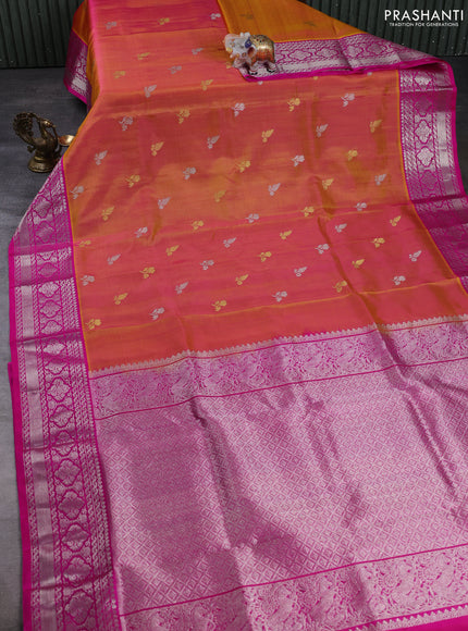 Venkatagiri silk saree dual shade of pinkish orange and pink with allover silver & zari woven buttas and silver zari woven border