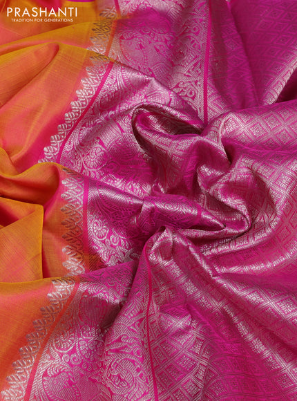 Venkatagiri silk saree dual shade of pinkish orange and pink with allover silver & zari woven buttas and silver zari woven border