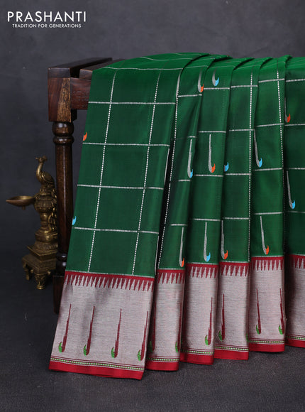 Venkatagiri silk saree green and maroon with allover silver zari checks & muniya buttas and muniya butta border