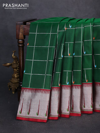 Venkatagiri silk saree green and maroon with allover silver zari checks & muniya buttas and muniya butta border