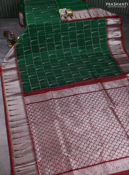 Venkatagiri silk saree green and maroon with allover silver zari checks & muniya buttas and muniya butta border