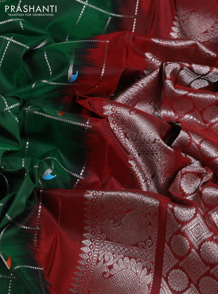 Venkatagiri silk saree green and maroon with allover silver zari checks & muniya buttas and muniya butta border